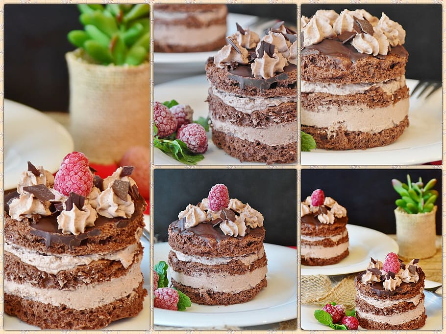 chocolate cake collage, tart, chocolate tarts, cream cake, cake, coffee time, cream, whipped cream, dessert, sweet