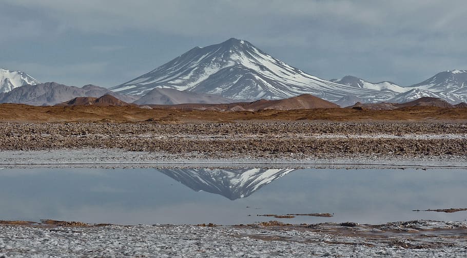 white, black, snow, covered, mountain, aracar, stratovolcano, andes, salt flat, the andes