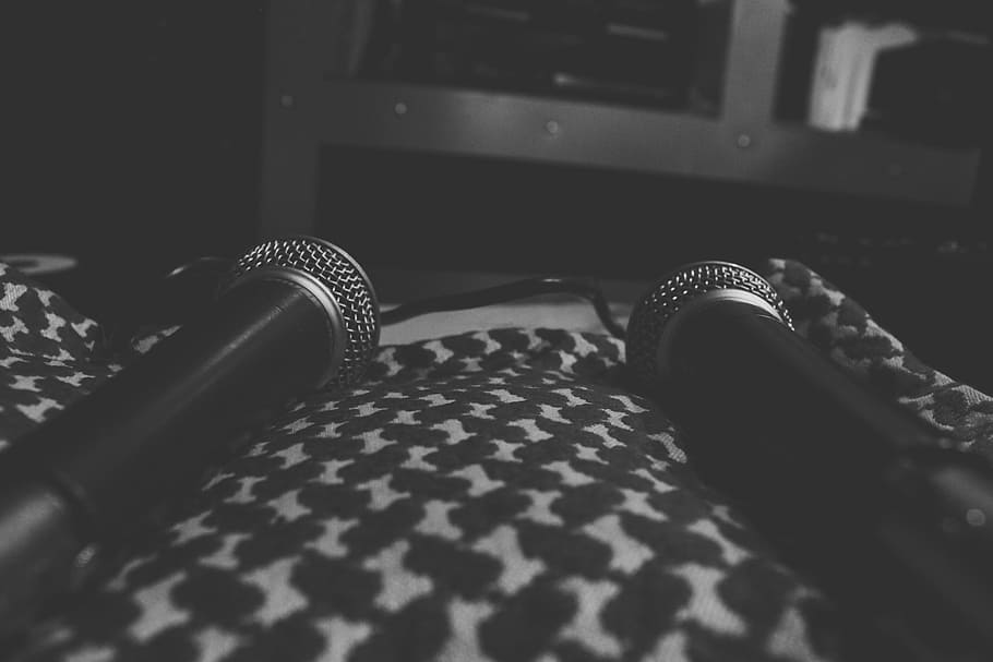 dua, hitam, mikrofon, atas, putih, tekstil, musik, rekaman, suara, studio