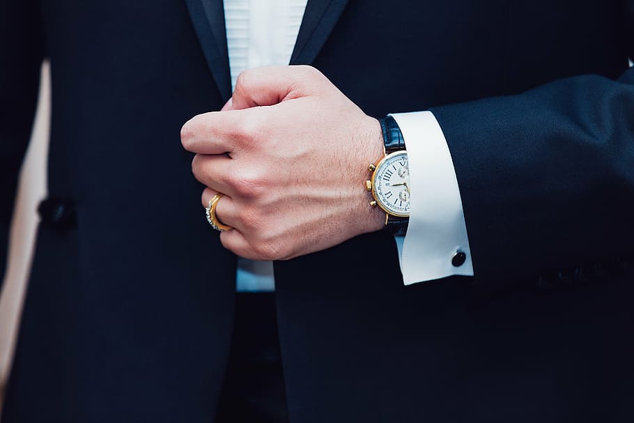 man, wearing, round gold-colored analog, watch, suit, jacket, people, fashion, tuxedo, formal