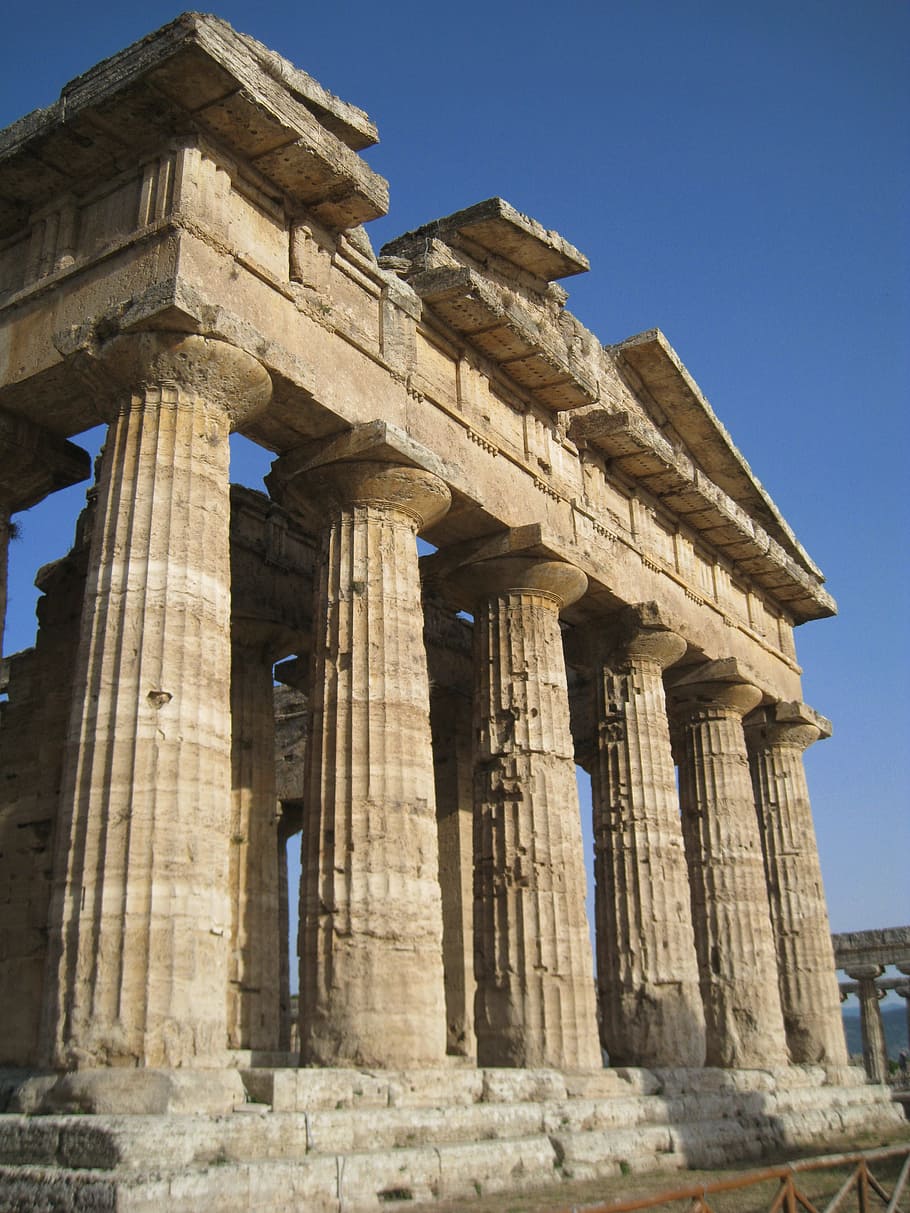 ruins, temple, paestum, architecture, built structure, architectural column, ancient, history, the past, low angle view