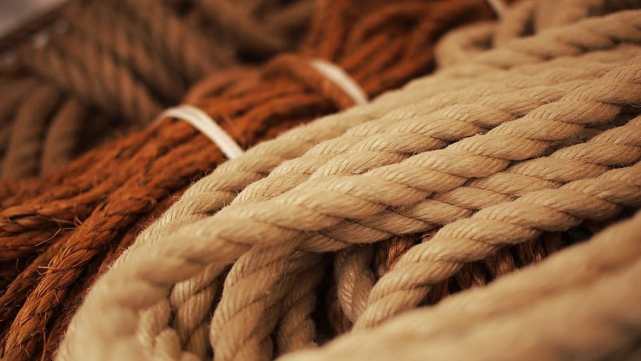 ropes, marina, boat, close-up, rope, textile, pattern, brown, full frame, selective focus