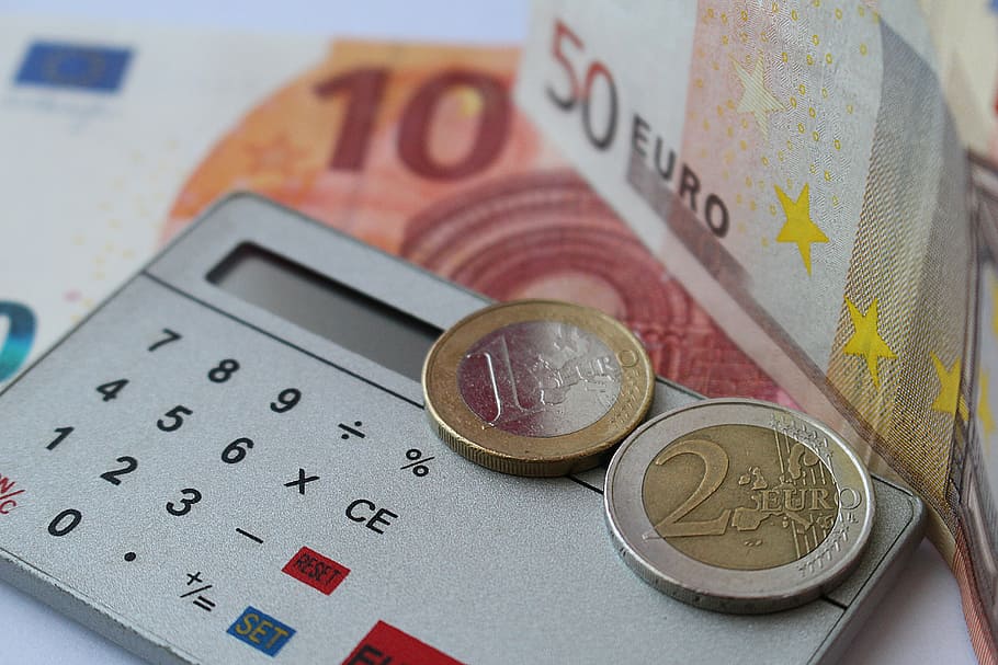 dua, 1, 2 koin euro, abu-abu, kalkulator, keuangan, uang, tagihan, koin, perhitungan
