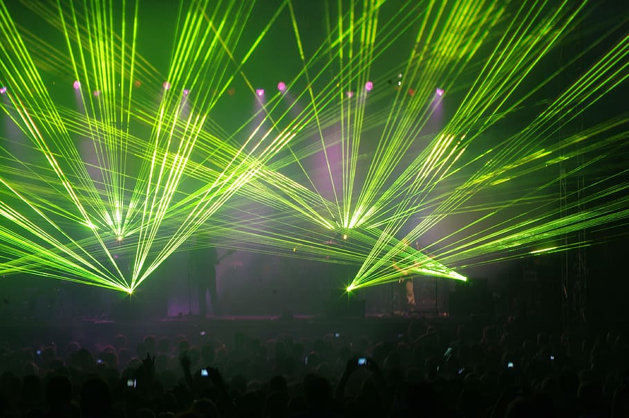 people, standing, front, lighted, stage, laser light, concert, music, light show, light effects