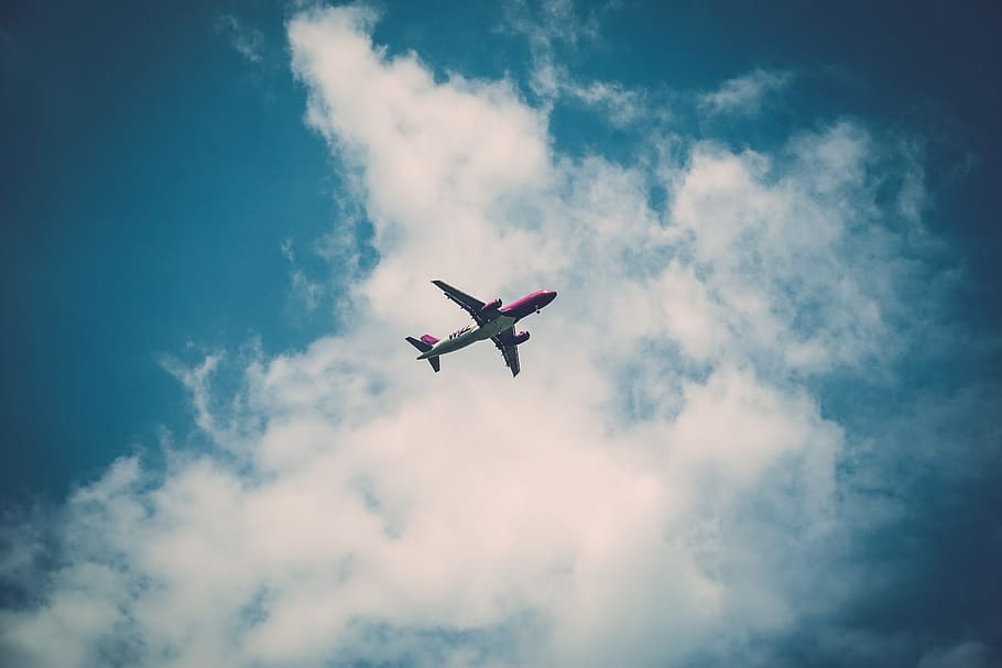 avião, azul, céu, nuvens, viagem, transporte, aviação, voar, nuvem - céu, visão de baixo ângulo
