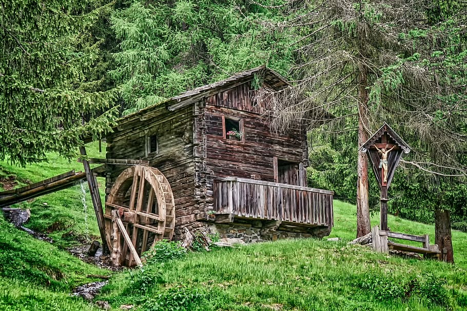 brown, wooden, hut, placed, green, grass land, architecture, building, mill, mill wheel