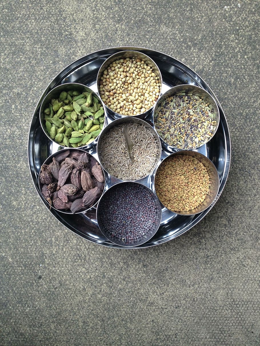 round, grey, metal container lot, spices, indian, food, pepper, spicy, ingredient, curry