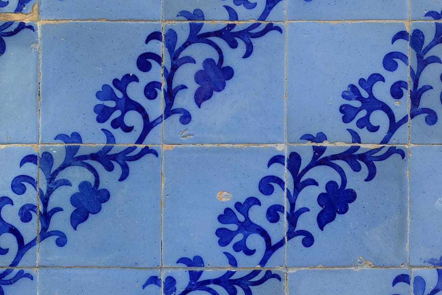 blue ceramic tiles, portugal, ceramic tiles, wall, covering, regular, pattern, blue, wall - building feature, full frame