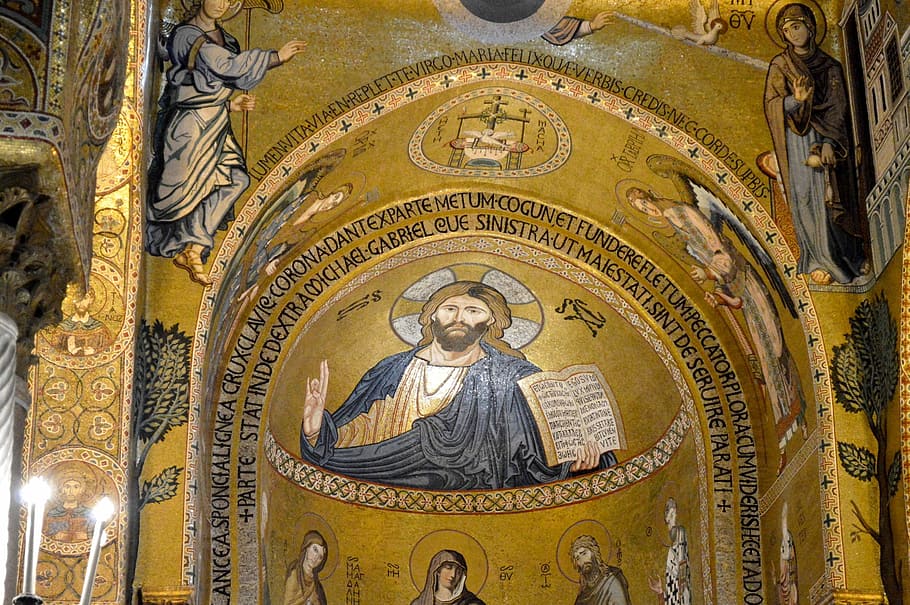 Palermo, Sicilia, Capilla Palatina, Capilla, Iglesia, religión, arquitectura, vista de ángulo bajo, fresco, interior