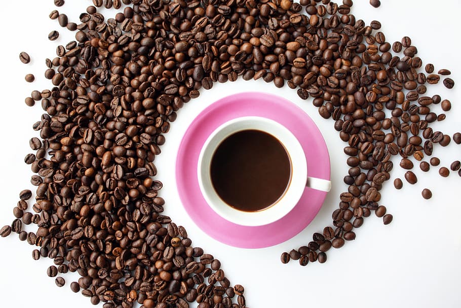 café en grano, café, fondo, granos de café, taza, pausa, cafeína, aroma, rosa, hembra