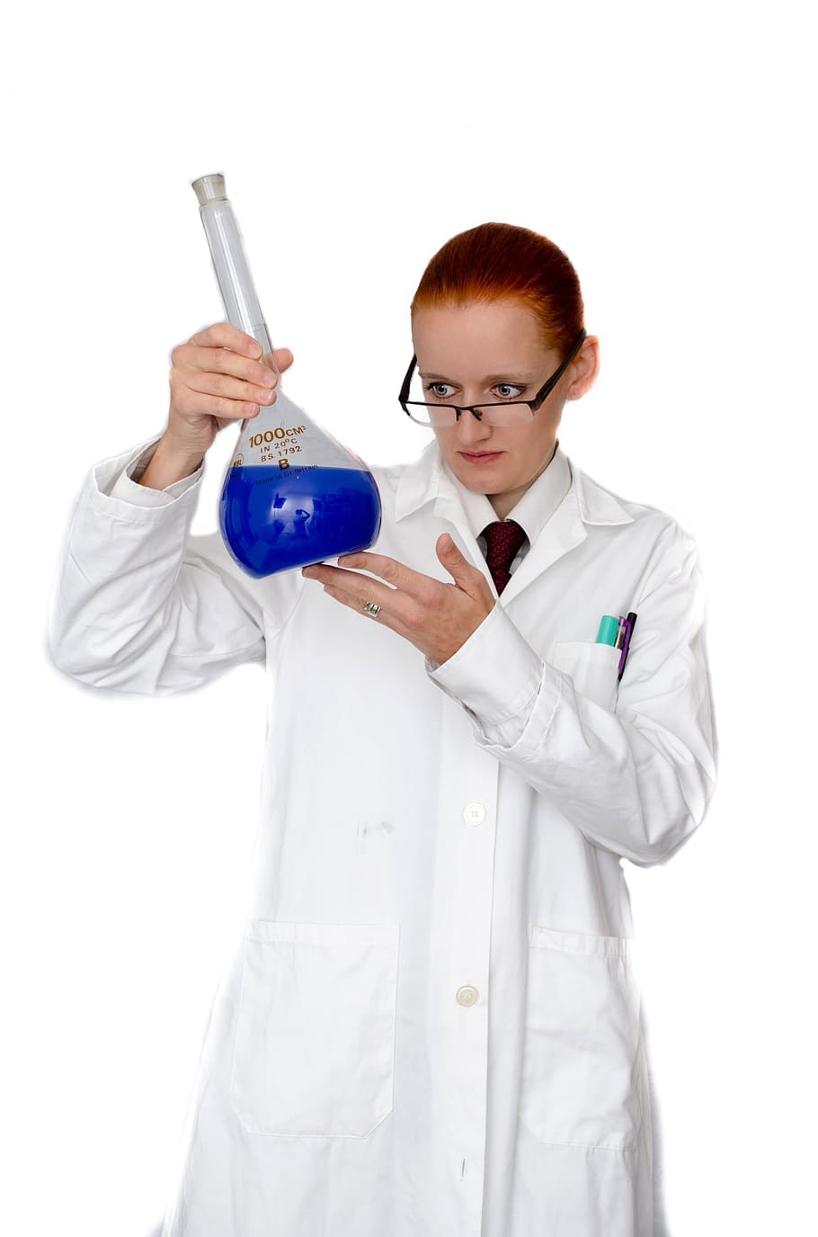 woman, laboratory gown, holding, glass flask, coat, girl, people, laboratory, lab, glass