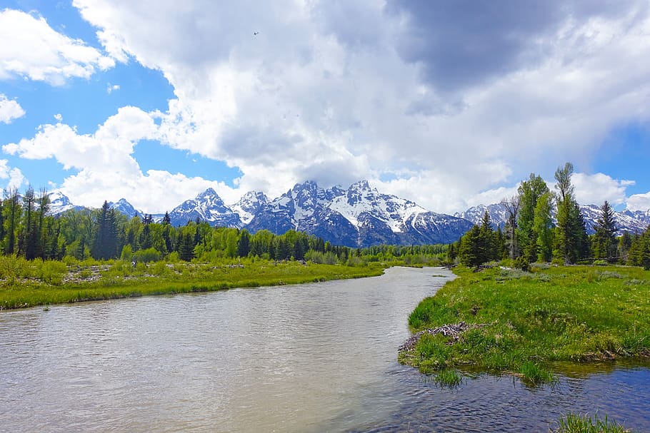wyoming, grand tetons, national park, scenic, landscape, wilderness, clouds, mountains, water, cloud - sky