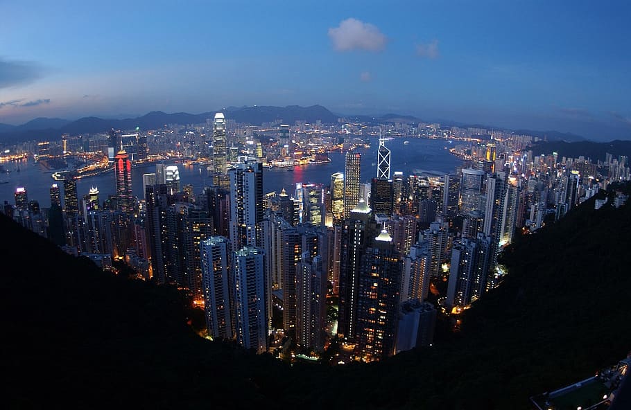 航空写真, 都市, 昼間, 香港, スカイライン, 都市景観, 夕方, 空, 夕暮れ, ライト