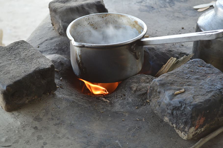 stainless, steel pot, handle, top, flame, tea pot, stove, tea, fire, cooking