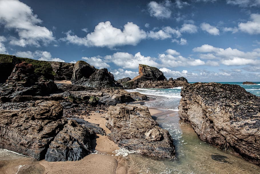 Rocas, costa atlántica, Cornwall, Inglaterra, naturaleza, playa, nubes, costa, océano, mar