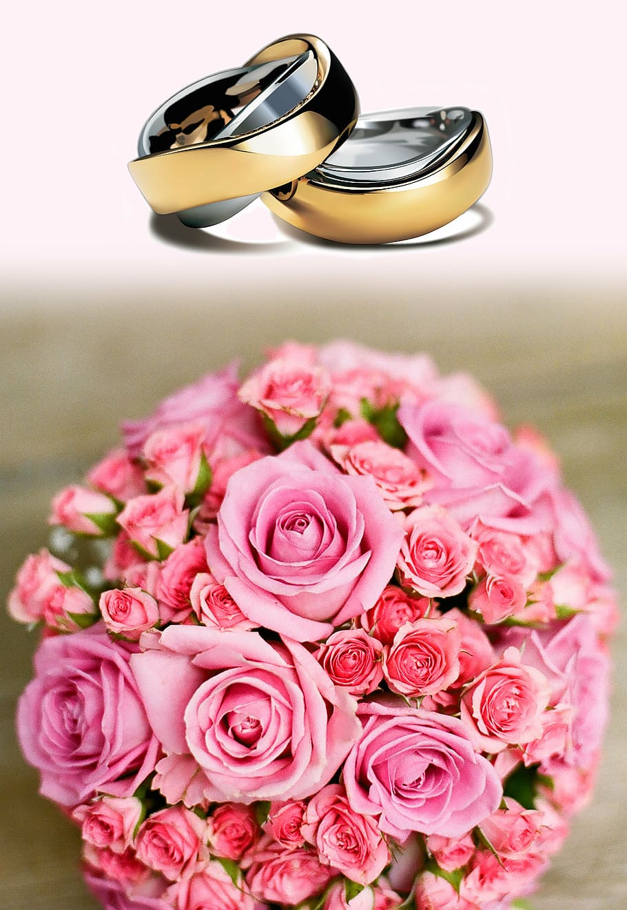 two, gold-colored wedding ring, bouquet, rose, wedding rings, wedding, love, marry, gold, platinum