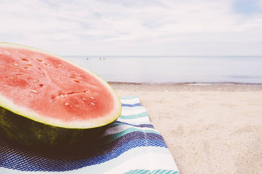 sliced, watermelon, blue, white, textile, seashore, beach, blanket, close-up, food