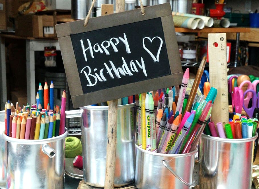 brown, black, happy, birthday, wooden, signage, chalkboard, text, handwritten, celebration