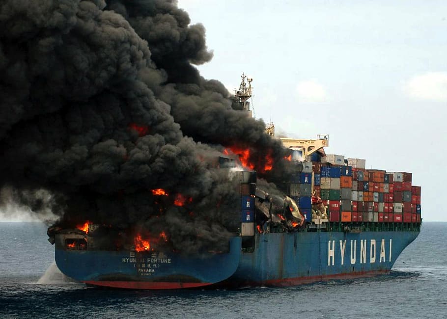 blue, hyundai boat, fire, yemin ship, cargo, transport, flames, flaming, destruction, water | Pxfuel