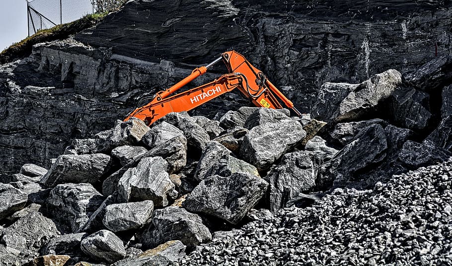 orange hitachi excavator, digger, rocks, construction, industry, equipment, heavy, machine, site, work