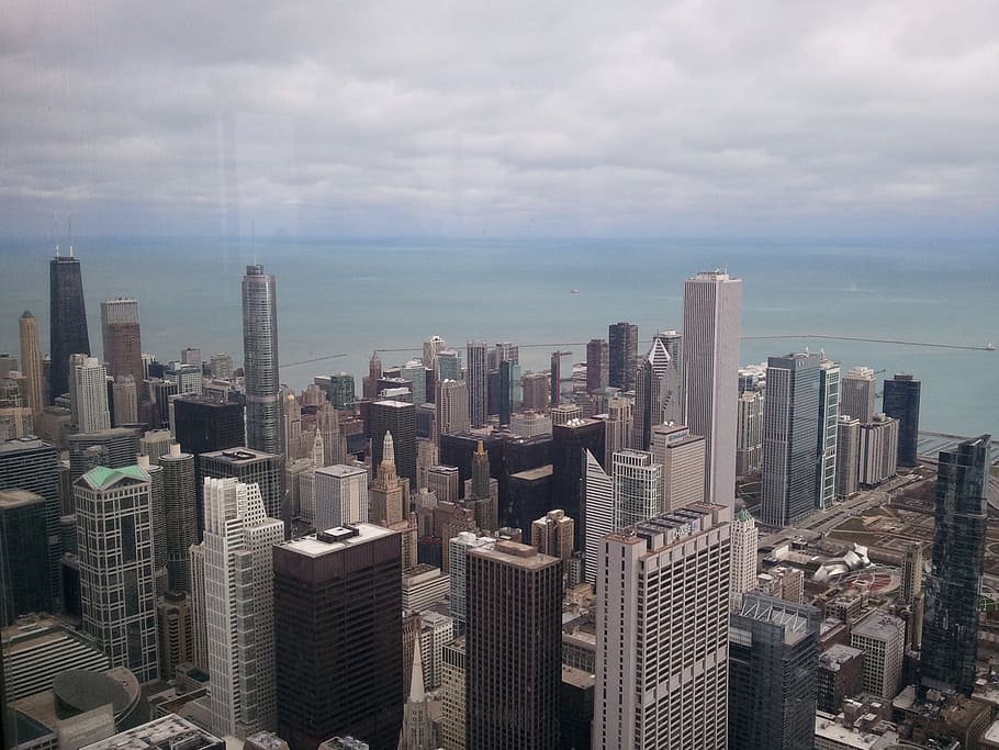 aerial, view photo, high, rise buildings, chicago, city, cityscape, usa, metropole, skyline