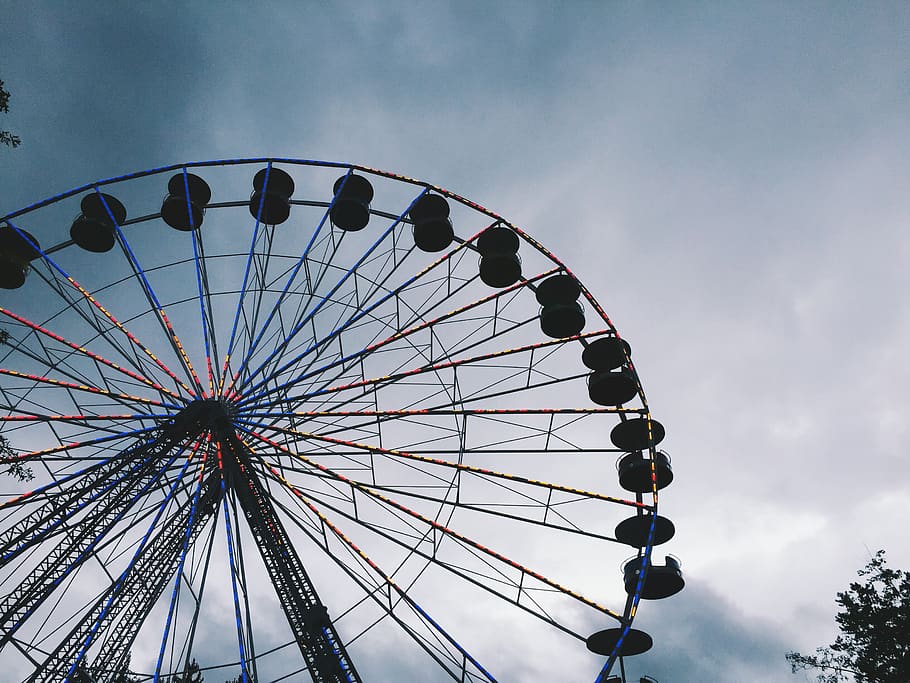 ferris wheel, amusement park, fair, sky, clouds, cloudy, amusement park ride, arts culture and entertainment, cloud - sky, low angle view
