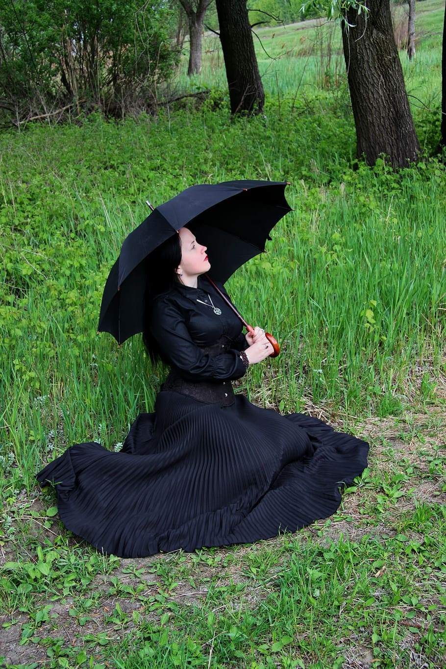 女性, 身に着けている, ドレス, 保持, 傘, 株式, モデル, 雨, 黒, ゴシック