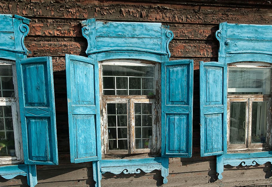 three, open, blue, windowpanes, irkutsk, shutters, architecture, built structure, building exterior, window