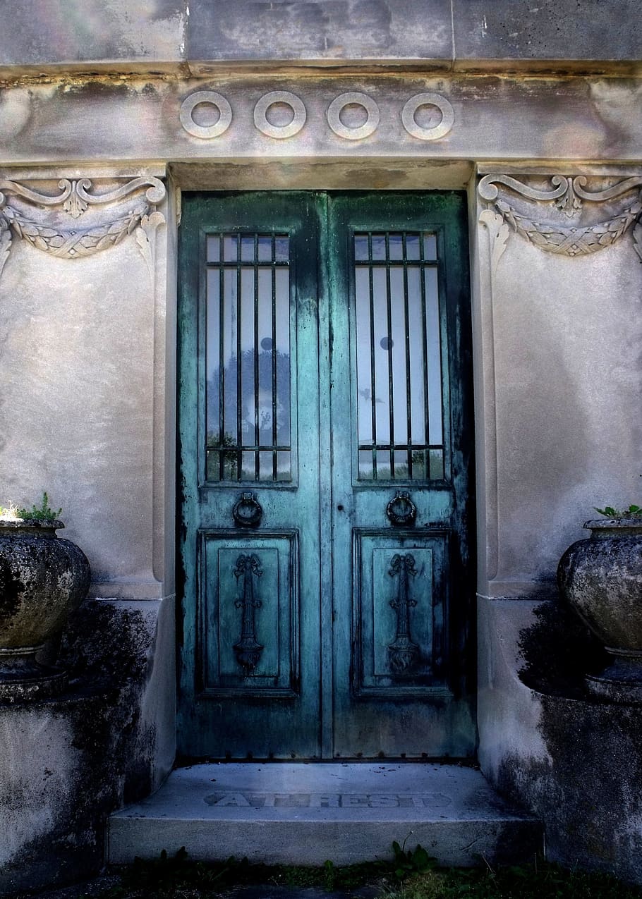 teal wooden door, door, entry, vintage, ornate, mausoleum, doorway, entrance, access, closed