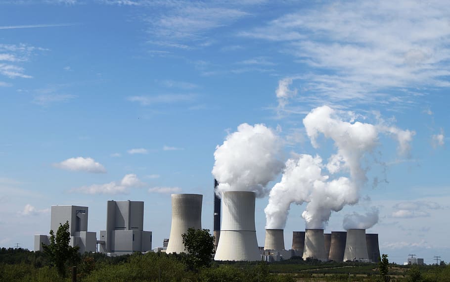 gray, brown, factories, releasing, smoke, daytime, Power Plant, Water Tower, Environment, energy