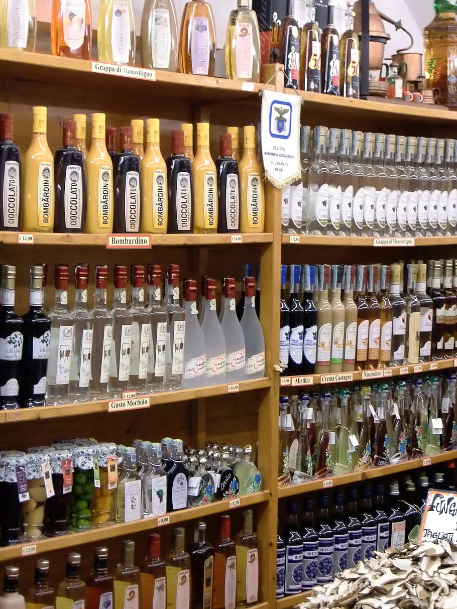 shelf, bottles, wine, glass bottle, exhibition, wine rack, wine bottle, storage, alcohol, beverages