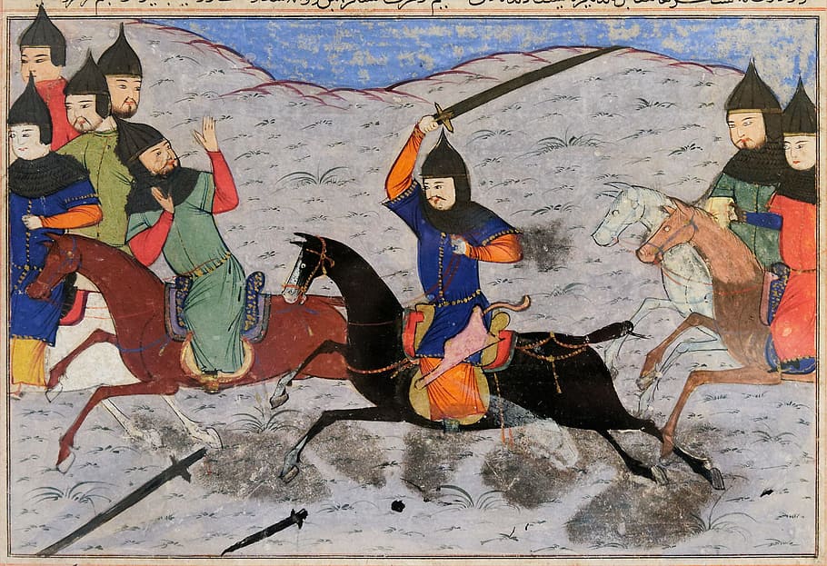 homem, segurando, espada, montando, trabalho de arte do cavalo, Idade Média, luta de espadas, Reiter, cavaleiro, luta