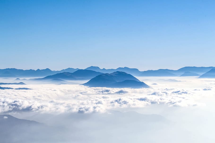 landscape photography, mountain, aerial, clouds, sky, blue, white, nature, scenics, beauty in nature