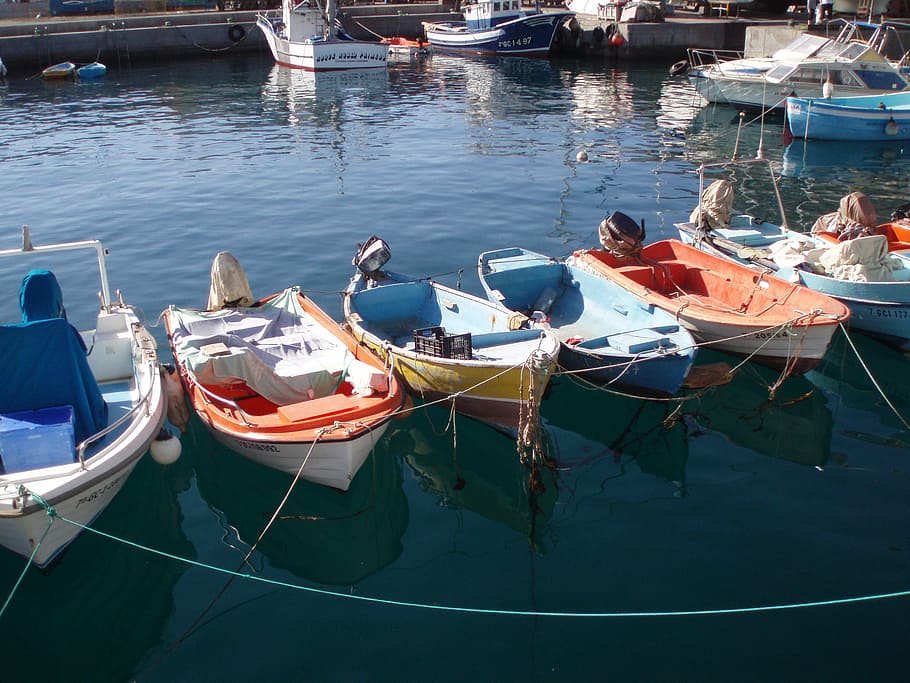 Barcos de pesca, mar, Grecia, Corfú, barcos, puerto, aguas, vacaciones, amarrado, embarcación náutica