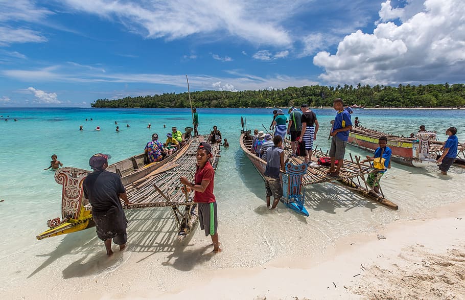 people, standing, wooden, boat, sea, daytime, paradise, lakatoi, canoe, blue