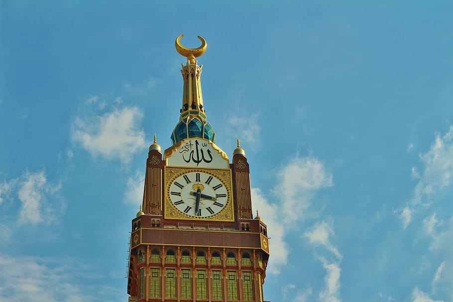 marrón, edificio, reloj, superior, torre de la meca, saudi, quran, mekkah, lugar, santo