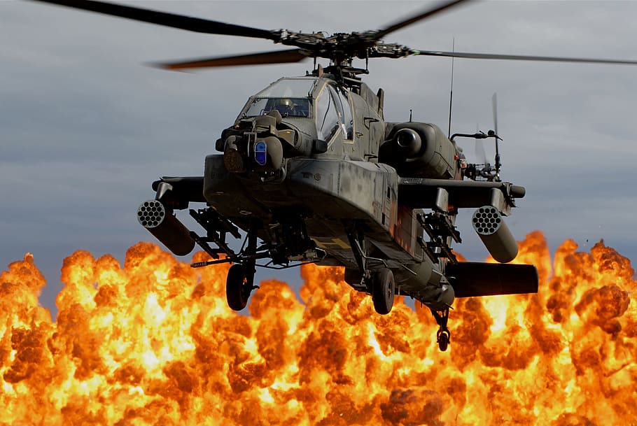 gray, apache helicopter, blazing, fire background, black, fighter jet, flames, helicopter, fire, explosion