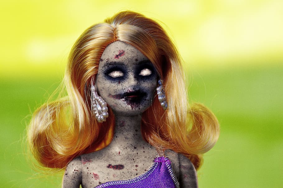 closeup, blonde, haired doll, doll, zombie, horror, evil, halloween, scary, toy