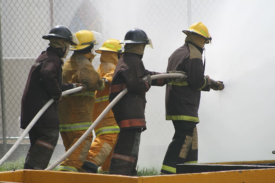 fire, brigades, hose, salvation, group of people, firefighter, helmet, clothing, real people, headwear