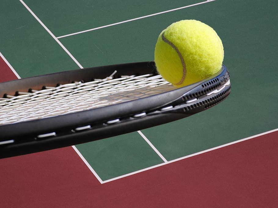 yellow, tennis ball, black, lawn tennis racket, tennis, ball, racket, court, tennis racket, tennis court