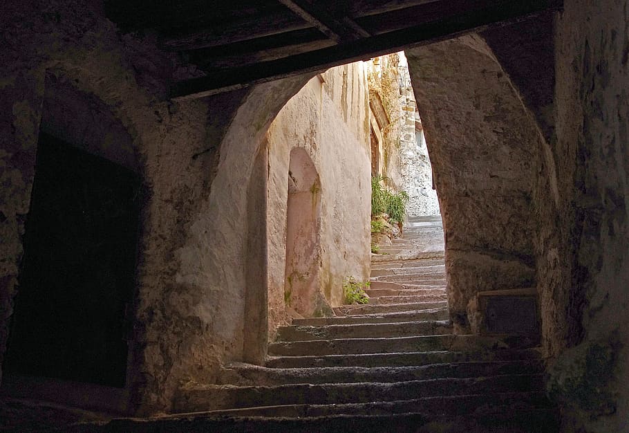 hormigón, escaleras, túnel, casco antiguo, scalea, carril estrecho, casas antiguas, arco, pueblo, borgo