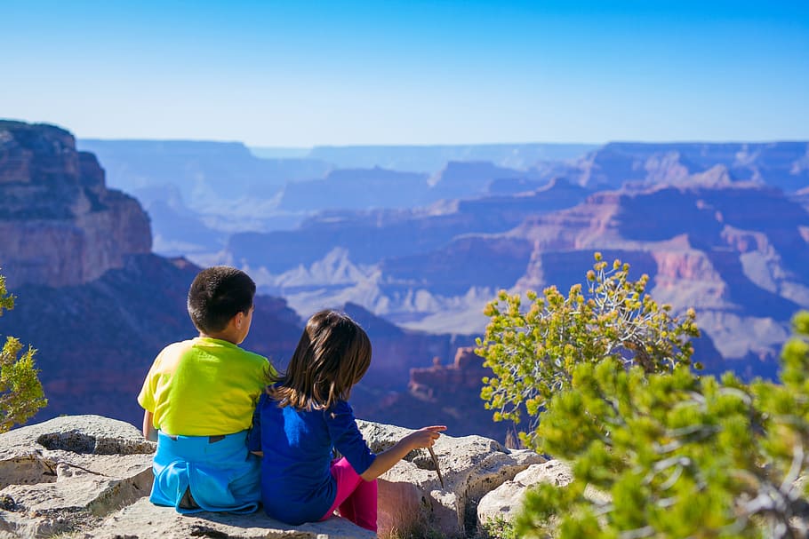 girl, boy, sitting, rock formation, canyon, children, hike, kids, landscape, nature