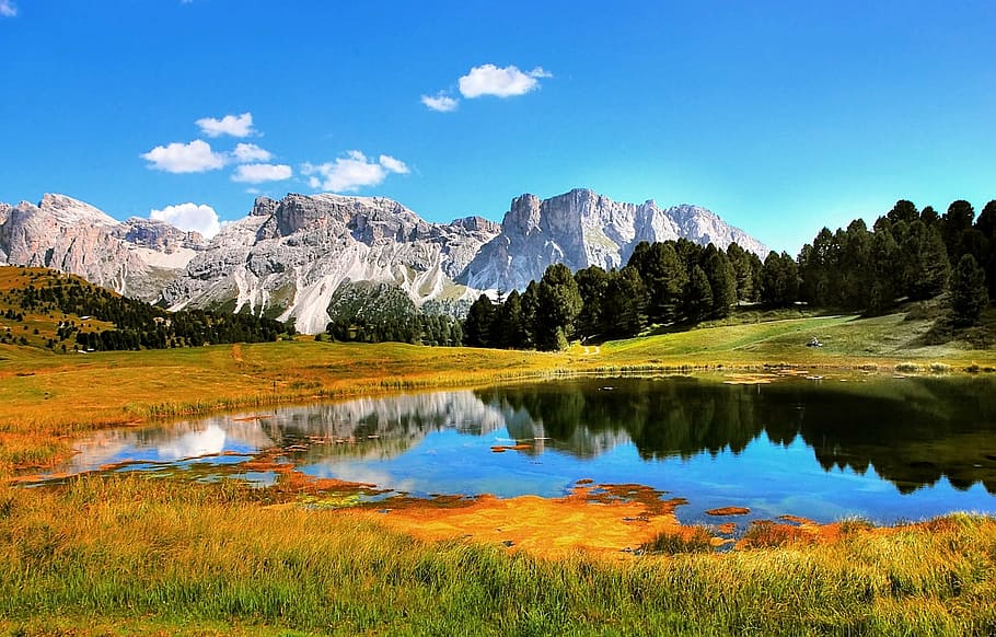 fotografi pemandangan, gunung, tubuh, air, monte stevia, dolomit, pegunungan, alpine, italia, tyrol selatan