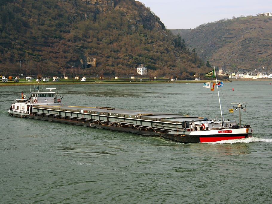 Germany, Rhine River, Water, Mountains, forest, trees, woods, barge, ship, nature