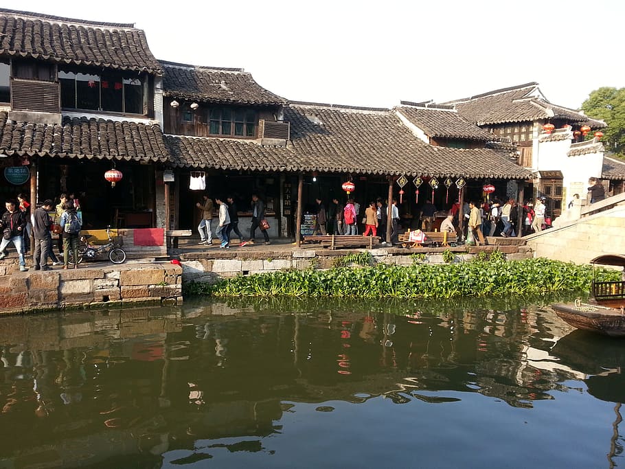 Village, River, Water, Hyacinth, still, house, rural, people, shops, chinese
