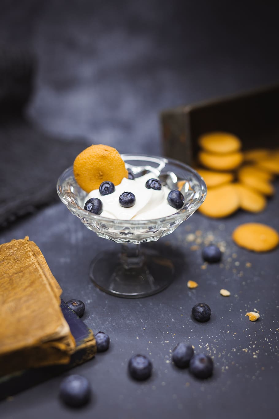 cookie, biscuit, food, blueberry, fruit, dessert, cream, table, glass, indoors