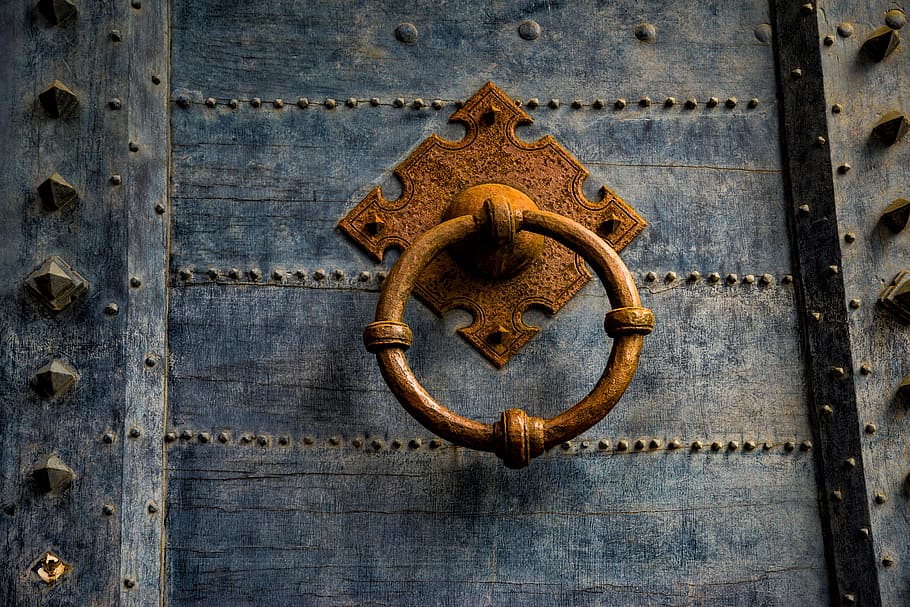 brown, steel door knocker, door, wood, antique, ancient, metal ring, knocker, rust, entrance