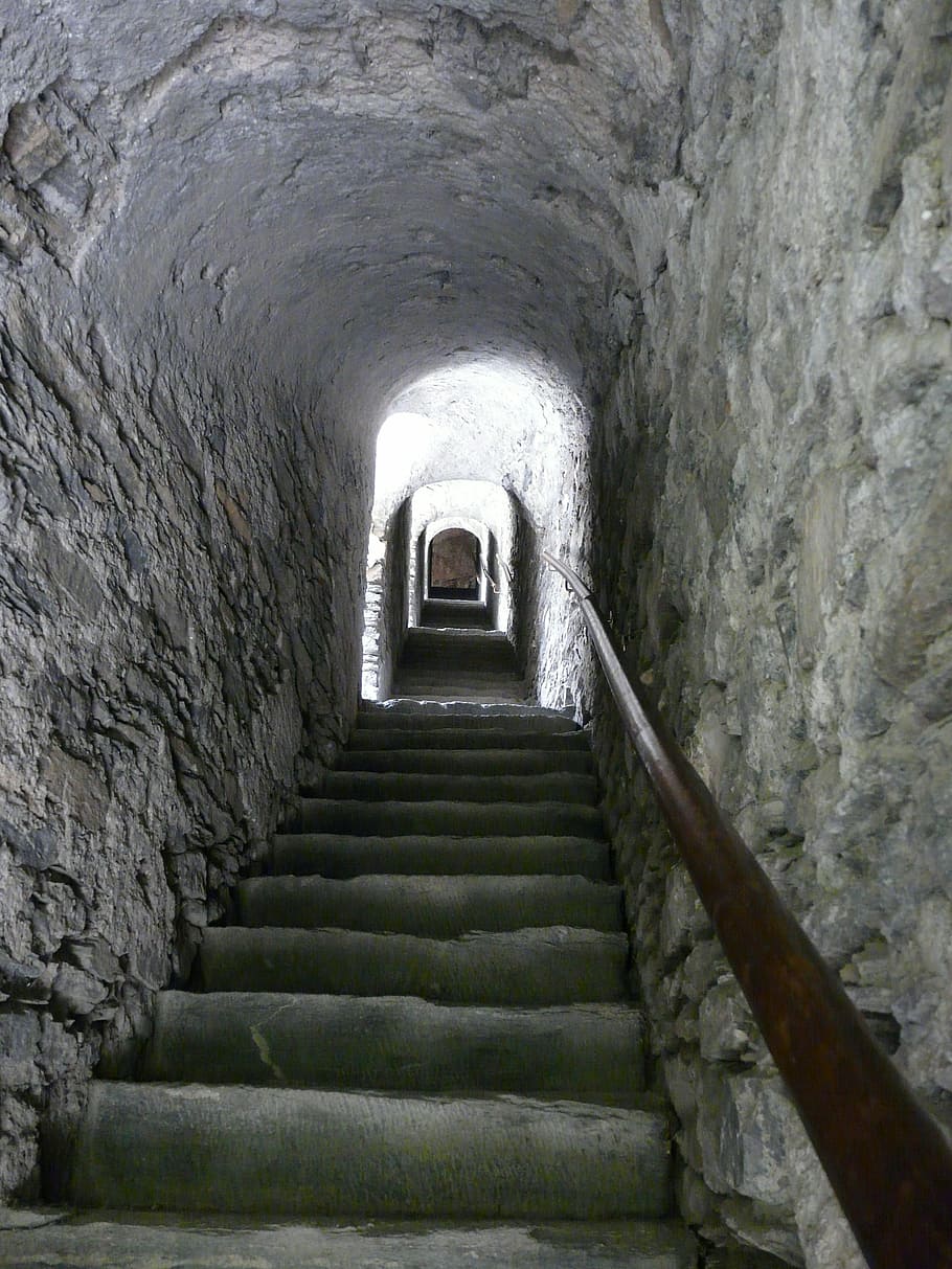 Staircase, Castle, France, pierre, stone material, tunnel, steps, corridor, indoors, architecture