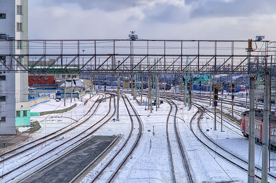 station, snow, railway, rail, rails, the way, motion, composition, electric train, node