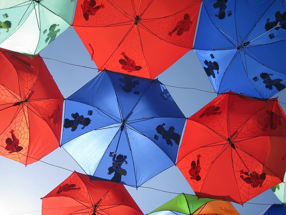 assorted-color umbrellas, clear, sky, daytime, umbrellas, red, blue, patterns, colorful, abstracts